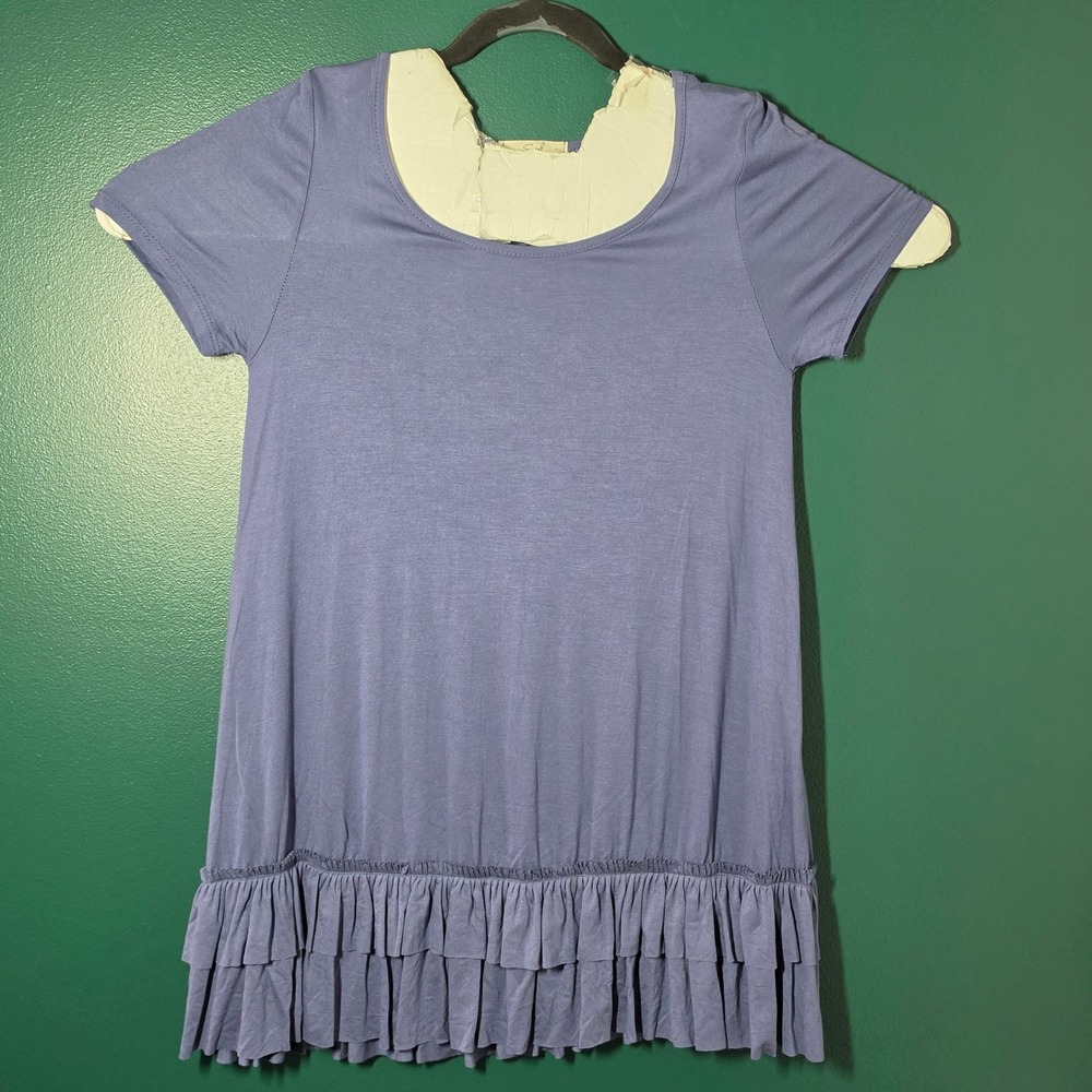 Easel Los Angeles Women Blue Purple Ruffle Hem Tunic Top Short Sleeve Scoop Neck